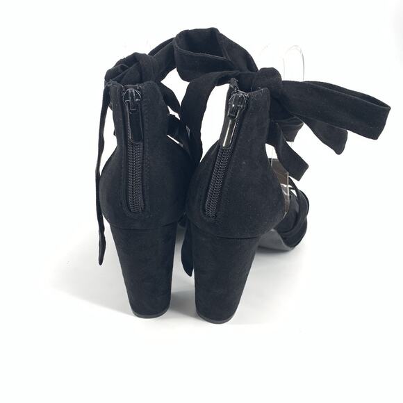 Torrid Ankle Wrap Faux Suede Block High Heels 9.5 W Wide Womens Black Open Toe - Picture 3 of 8